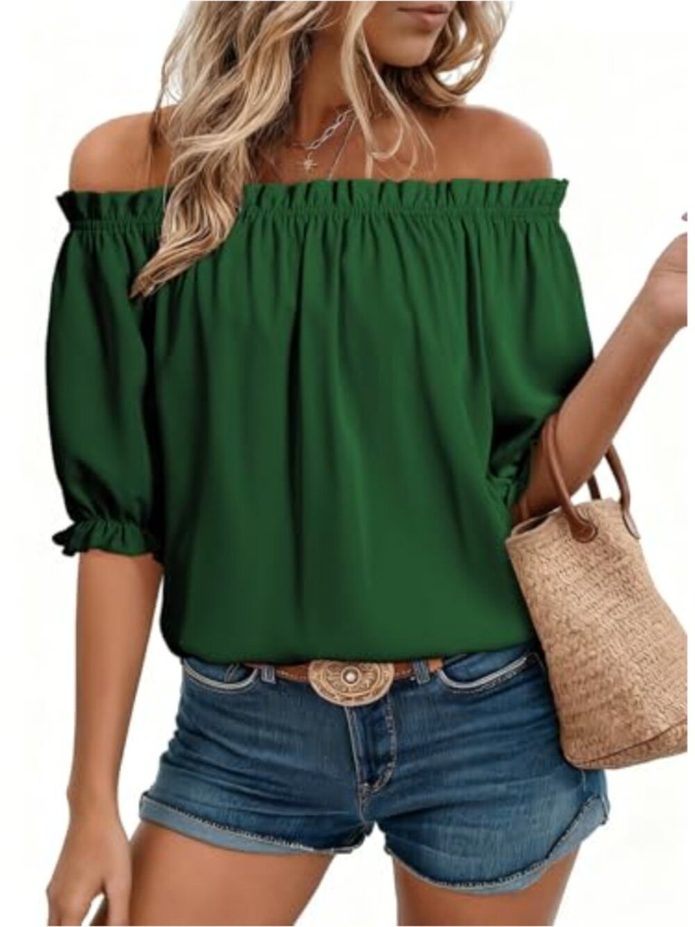 Womens Off Shoulder Puff Sleeve Blouse 100% Polyester Dressy Casual Top